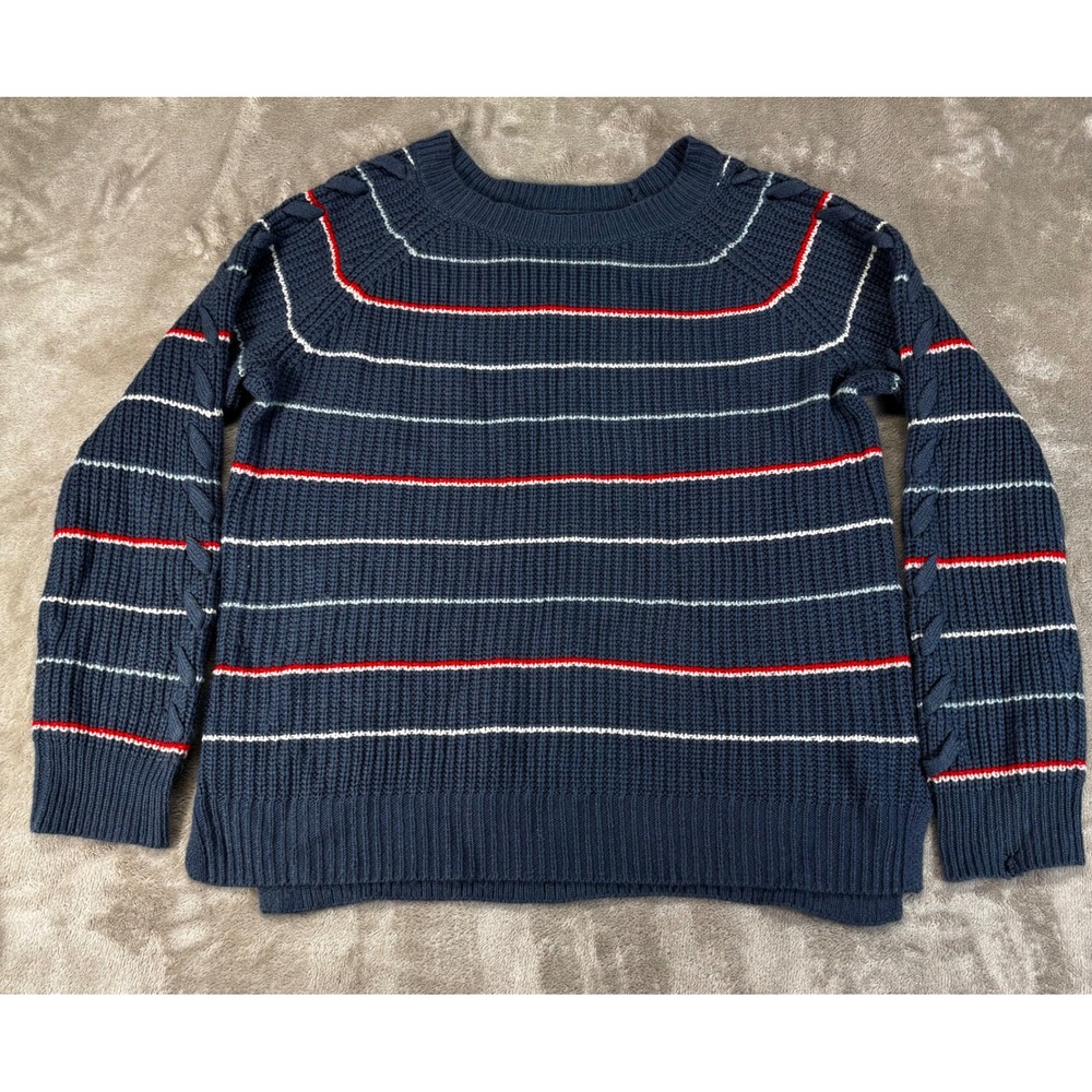 SO Heritage Sweater Womens XL Blue Striped Chunky Knit Cable Sleeve Good Relaxed